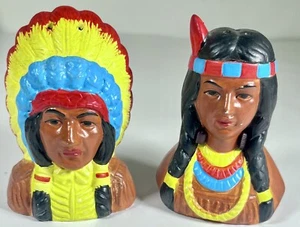VTG Ceramic Indian Chief and Woman Bust Salt & Pepper Shakers 3 1/2" w Stoppers - Picture 1 of 6