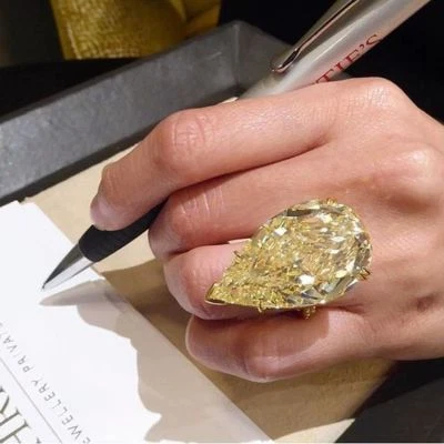 100CT Large Vivid Yellow Pear Shape Stone Studded Party Wedding Cocktail Ring - Image 1 of 2