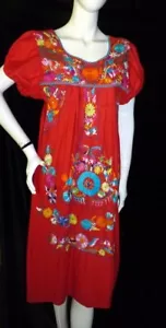 Vintage Mexican Oaxacan Red Embroidered Dress One Size S M L Festival Maxi - Picture 1 of 7