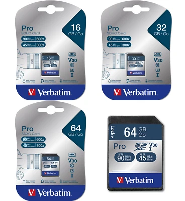 Verbatim Pro U3 SD Card UHS-I 4K-Ultra-HD Memory Card SDXC V30 16GB 32GB 64GB - Image 1 of 4