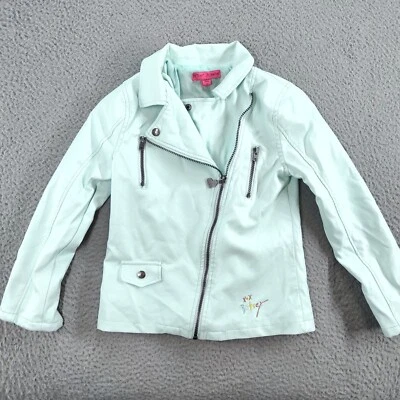Jaqueta de couro sintético Betsey Johnson meninas 12 verde perfeito zíper completo estilo motociclista - Imagem 1 de 4