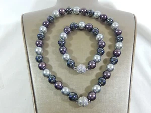VTG CHUNKY 12mm MULTI COLOR GLASS PEARL CRYSTAL CLASP NECKLACE & BRACELET SET - Picture 1 of 9