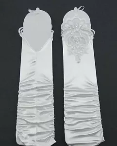 NEW Long WHITE Satin FINGERLESS RUCHED Gloves w/ SEQUINS ~ STYLE G219 - Picture 1 of 3