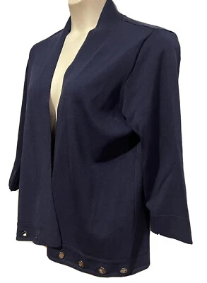Navy Long Sleeve Short Cardigan/Metal Rings SizeL StretchyFabric Maggie T GC - image 1 of 4