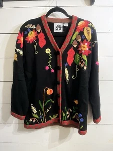 Rare Vintage STORYBOOK KNITS Cardigan Sweater Size Small Floral Black - Picture 1 of 5
