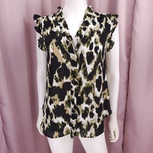 DKNY Women's Animal Print Chiffon V-Neck Sleeveless Ruffled Blouse Top Medium - Picture 1 of 7
