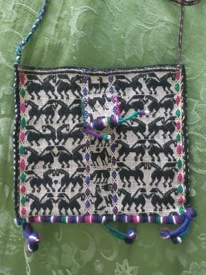 BOHO Traditional Embroidered Peruvian Bag natural Fibers Cotton/Wool 8"X 7"1/2 - Image 1 of 4