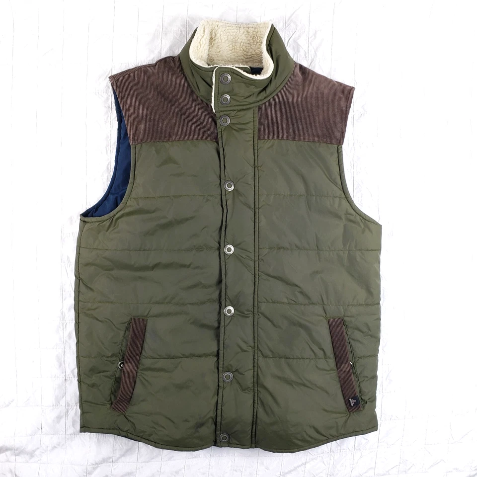 Prana Mens Sz LARGE Waylen Midweight Puffer Vest Olive Green Sherpa Lined Collar - Image 1 of 4