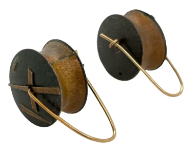 OOAK Mixed Metals Art Show Yo-Yo Modernist 3/4" Wheels Earrings 14K Wires 11.18g - Image 1 of 4
