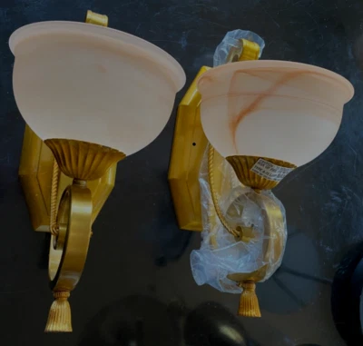 Wall Sconces (2)  Pair Wall Sconce Elec. Fixtures Pink-Amber Swirl Glass Shades - Image 1 of 4