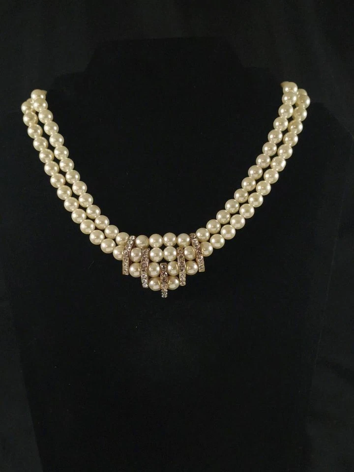 Vintage Faux Pearl Rhinestone Statement Necklace Double Strand - Изображение 1 из 1