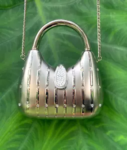 Metallic Silver Purse Clutch Crossbody Rhinestone Mirror Diamond - Picture 1 of 11