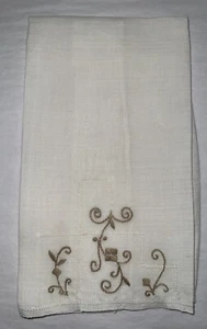 Toalla de té de lino vintage bordada corte trabajo 18,5x12,5 en blanco marrón hecho a mano - Imagen 1 de 7