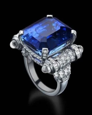 Stunning Emerald Cut Royal Blue 24.30CT Sapphire & Old Mine CZ Fine Design Ring - Image 1 of 2