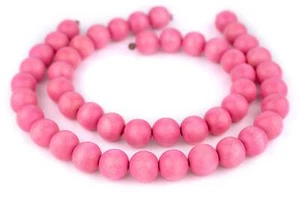Neon Pink Round Natural Wood Beads 18mm Large Hole 16 Inch Strand - Picture 1 of 1