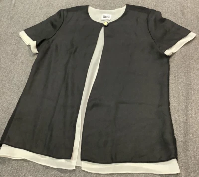 T246 LESLIE FAY 14 NEGRO BLANCO TRANSPARENTE PANEL ABIERTO TRABAJO FORMAL 1 BOTÓN BLUSA TOP Foto 1 de 4