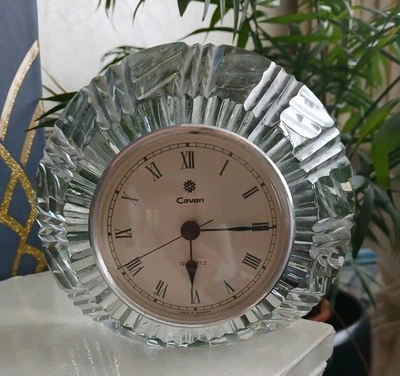 Quartz  "Cavan" Cut  Glass Clock, Carriage/Mantlepiece, Heavy,  15cm x 13cm. - Image 1 of 4