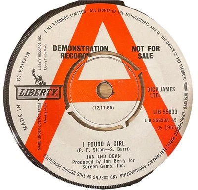 JAN & DEAN I Found A Girl- Shame To Say Goodbye-UK RED A  7" 1965 Liberty Demo Foto 1 de 4