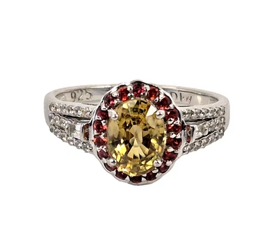 Anel genuíno de zircão amarelo e várias pedras preciosas tamanho 7 ródio sobre prata esterlina - Imagem 1 de 4