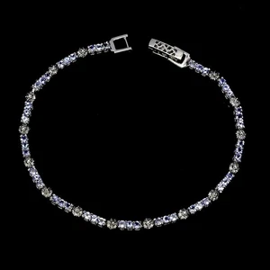 925 Sterling Silver Bracelet Round Tanzanite 2mm Natural Gemstone Jewelry 7.5in - Picture 1 of 13