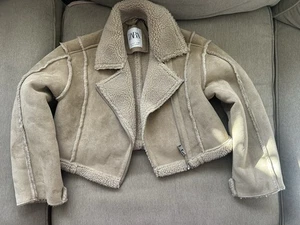 ZARA Beige Shearling Cropped Short Aviator Jacket Faux Suede Girls 6-7 - Picture 1 of 6