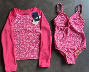 Lands’ End Girls Size XS (4/5) 2-Pc Swim Set Swimsuit/Rash Guard Neon Pink Print - Picture 1 of 6