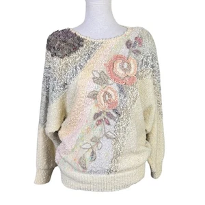 Vintage Mariea Kim S/M Grandmacore Neutral Strick Blumen Perlen verziert Pullover - Bild 1 von 11
