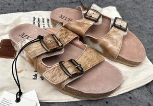 Myra Slide Slip On Sandals Brown Leather Cow Hide Fur Women’s Size 6 New - Picture 1 of 6