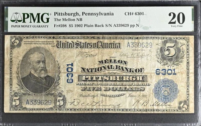 Series 1902 $5 The Mellon NB Of Pittsburgh Charter #6301 Fr#598 PMG VF20 Stains - Image 1 of 2