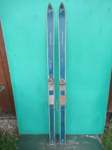 Interesting OLD Wooden 65" Long Snow Skis BLUE Original Finish Cable Bindings - Picture 1 of 3