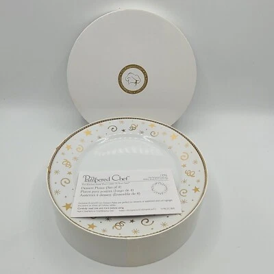 The Pampered Chef Set of 4 Dessert Plates 1996 Celebration White Gold - Image 1 of 4