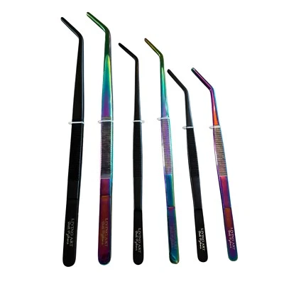 LABP Angled Reptile Feeding Tweezers - Curved, 10"/12"/14", Black/Holographic