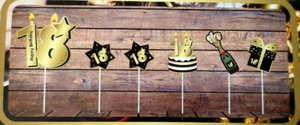 Torten Dekoration  6teilig  Zahl 18  Picks und Mini Girlande schwarz gold  Neu - Bild 1 von 2