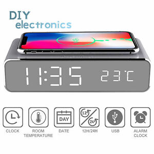 LED Electric Alarm Clock Digital Thermometer Clock HD Mirror Wireless Charger US