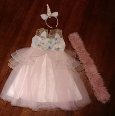 Vestido Falda Vibrante Rosa y Blanco Princesa Unicornio Tema Tul + Banda para el Cabello Foto 1 de 4