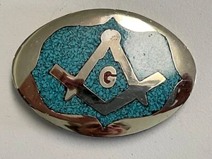 MASONIC LODGE THEME BELT BUCKLE SILVER PLATED Turquoise 1980 ONE KIND BEAUTIFUL - Picture 1 of 3