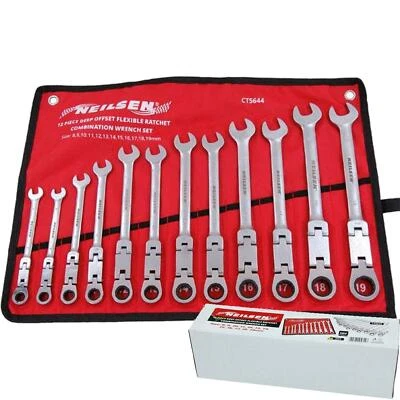 Neilsen Ratchet Spanner Set Flexible Head Combination 8mm-19mm Deep Offset 12pc