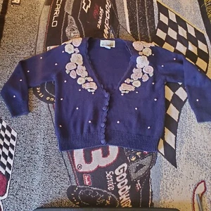 Vintage 80s Purple Carolina Colors Med Pink Floral Embroidered Cardigan kitsch - Picture 1 of 23