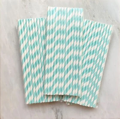 125 Paper Straws Light Blue Stripe Straws NEW - Image 1 of 3