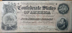 1864 $500 Confederate States of America Civil War Currency T - 64 Bank Note NR - Picture 1 of 4