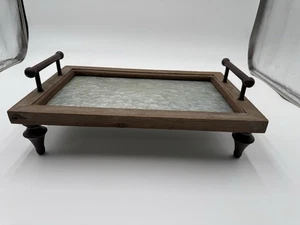 Rustikales Bauernhaus Holz & verzinktes Metall Serviertablett mit Griffen - Bild 1 von 3