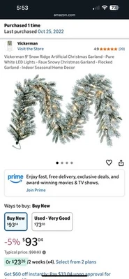 Flocked 9’ Christmas Garland Prelit White Lights Indoor Seasonal Decor Artifical - Image 1 of 4