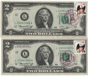 UNC $2 BILLS - WITH STAMP CANCELLED ON FIRST DAY OF ISSUE - BARSTOW, CA - READ - Picture 1 of 2