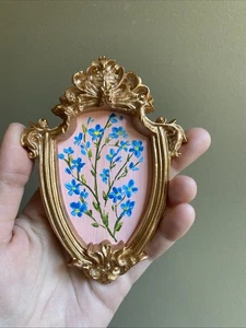 Blaue zarte Blumen, Original, 3/4,5 gerahmt, Gold, Miniatur, klein, Mini - Bild 1 von 8