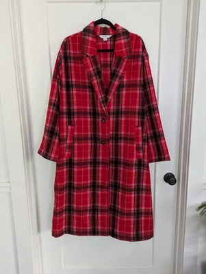 Old Navy Women's XXL Red Pink Plaid Long Pea Coat Preppy Holiday NWT - Image 1 of 4