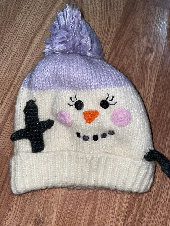 George Girls 4-8 Years White/Purple Snowman Design Winter Hat (EX COND) - Image 1 of 2