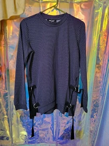 Wet Seal Navy Nonchalant Pinstripe Side Lace Up Sweatshirt New Size Small - Picture 1 of 7
