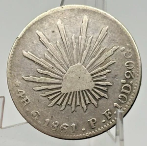 1861 Go PF Mexico - 4 Reales - 90.3% Silver Coin -1861/51 Overdate - Picture 1 of 3
