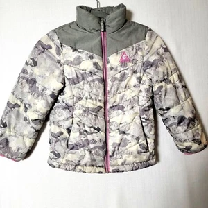 Gerry Girls Puffer Jacket Size Small 6/7 Front Zip Grey White Camo Pink Trim - Picture 1 of 12