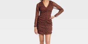 Women's Long Sleeve Ruched Front Bodycon Dress - a New Day™ Brown Geo Print - Picture 1 of 1